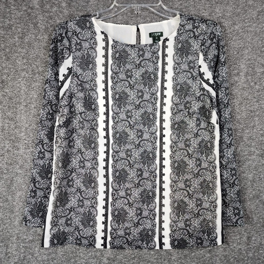 J.Crew Top Womens XS 06347 Black White Floral Lace Print Long Sleeve EUC